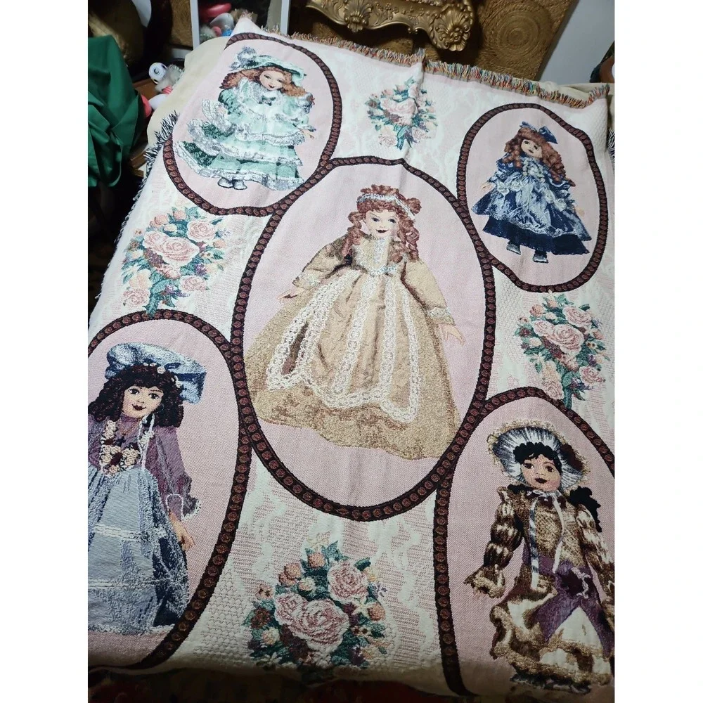 Victorian Porcelain Doll Tapestry Blanket Chatham Cotton Throw Vintage 70x50